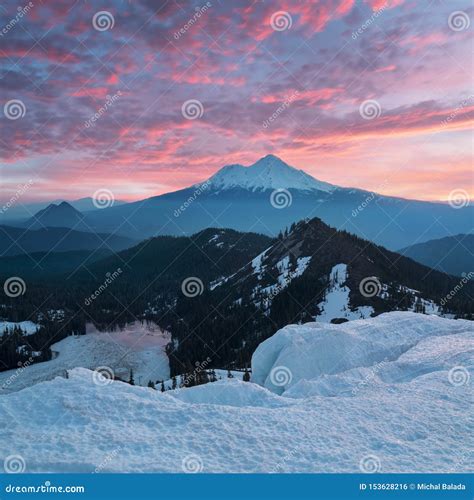 Classical View Of Mount Shasta Volcano With Glaciers In California