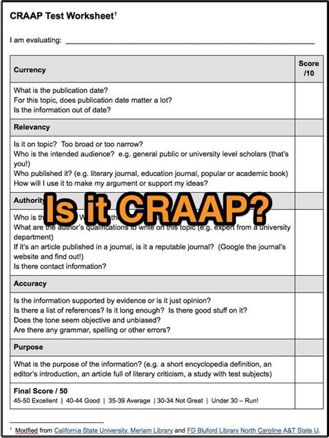 Craap Test Worksheet Chart Sheet Gallery