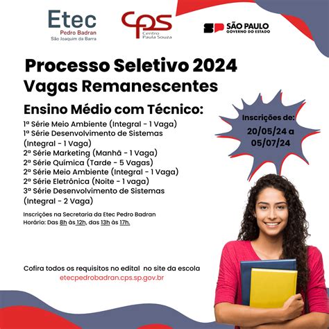 Processo Seletivo Para Vagas Remanescentes 2º Semestre De 2024 Etec