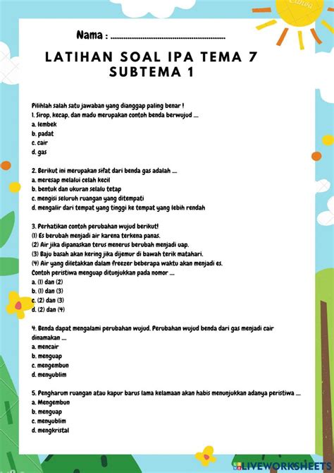 Soal Ipa Tema 7 Subtema 1 Kelas 5 Worksheet Live Worksheets