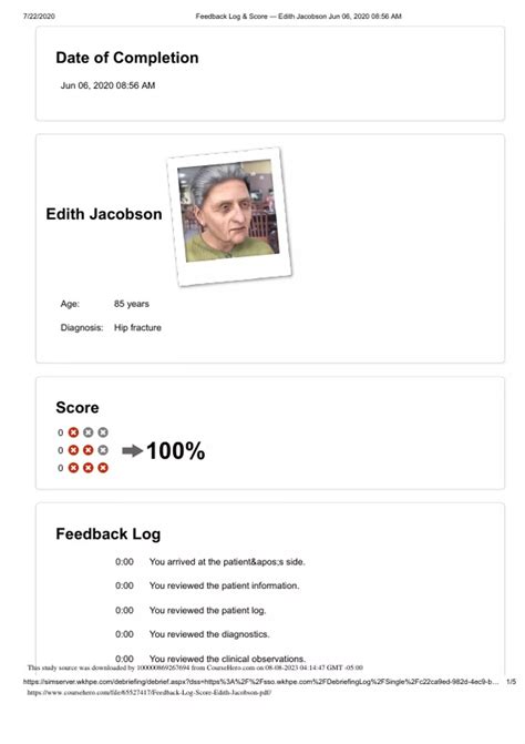 Edith Jacobson VSIM Feedback Log Score 2019 BSN RN Stuvia US