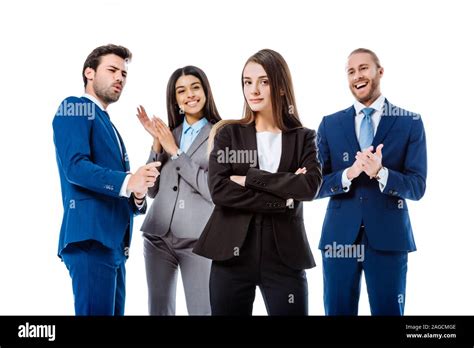 Selective Focus Of Happy Multicultural Business People In Suits