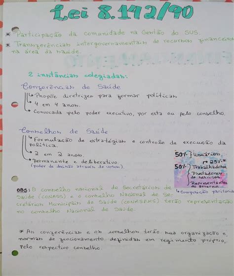 Mapa Mental Resumo Lei 8 142 90 Sus