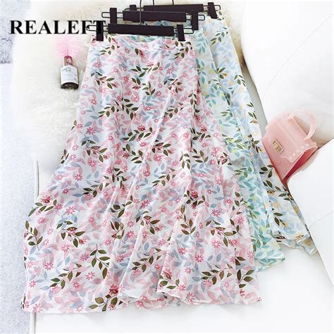 Realeft New Arrival Summer Women Leaf Printed Long Skirts High Waist Preppy Style Chiffon