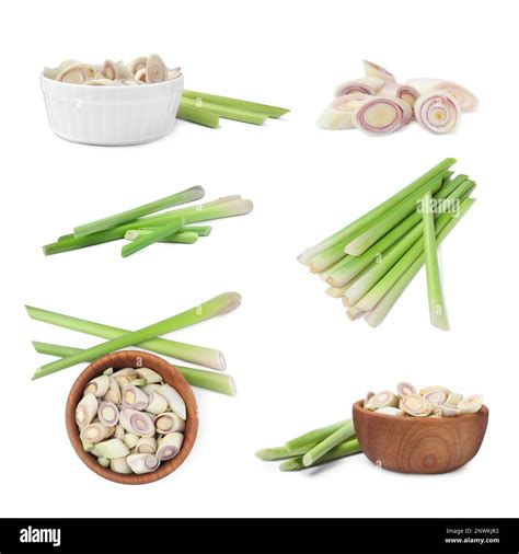 Set With Aromatic Fresh Lemongrass On White Background Stock Photo Alamy