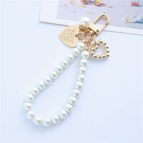 Heart Faux Pearl Bracelet Keychain Cute Key Ring Purse Handbag Car