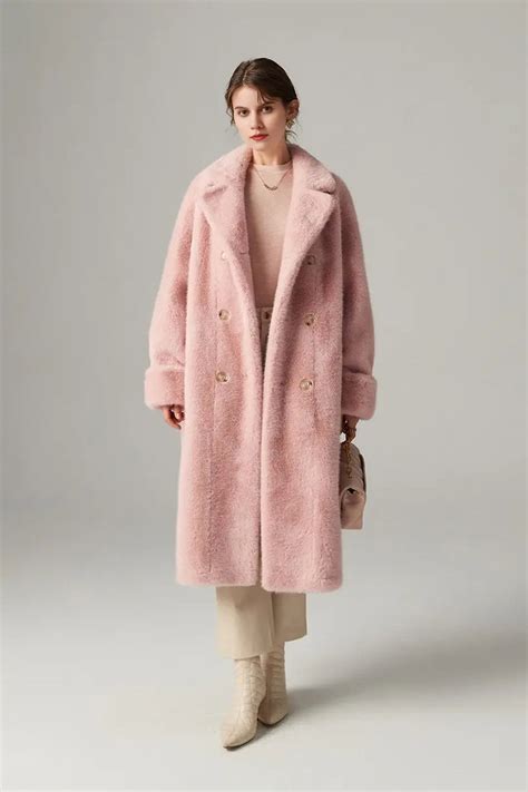 Fibflx Womens Long Double Breasted Pink Faux Fur Coat With Lapel Collar