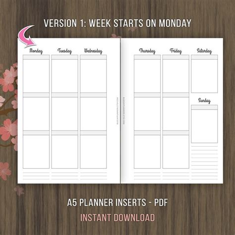 A5 Weekly Box Planner Printable Inserts Undated Week On 2 Pages Wo2p A5 Filofax Inserts