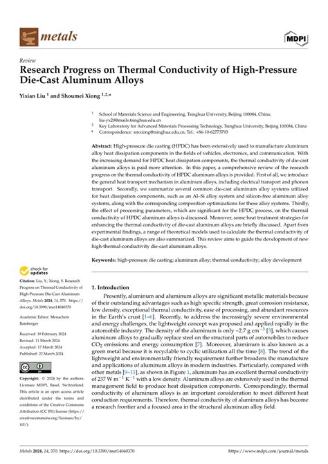 Pdf Research Progress On Thermal Conductivity Of High Pressure Die