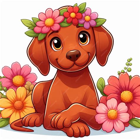 El Lindo Perro Vizsla Y Las Flores Ilustración De Dibujos Animados Vectoriales Vector Premium