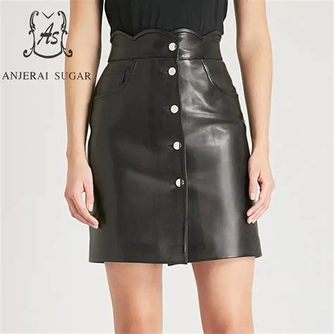 Autumn Genuine Leather Skirts Women Sexy High Waist Single Breasted