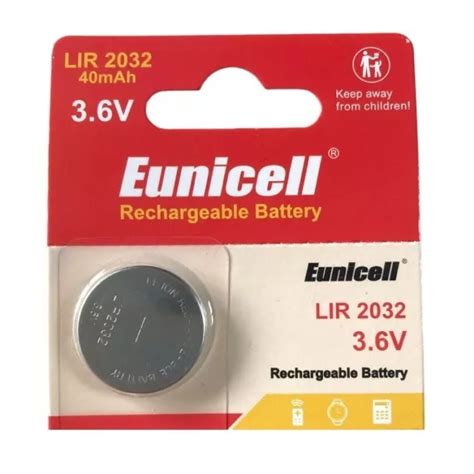 LIR2032 CR2032 RECHARGEABLE Battery x 1 Button Coin 3.6v Eunicell UK ...