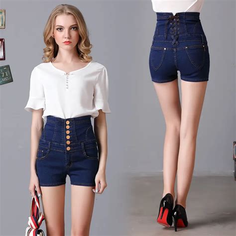 2017 Fashion 6 Buttons Retro Elastic High Waist Shorts Feminino Denim