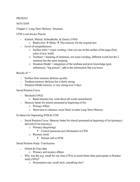 Notes 06 01 2018 Chapter 6 Long Term Memory PSCH 06 01 Chapter 6