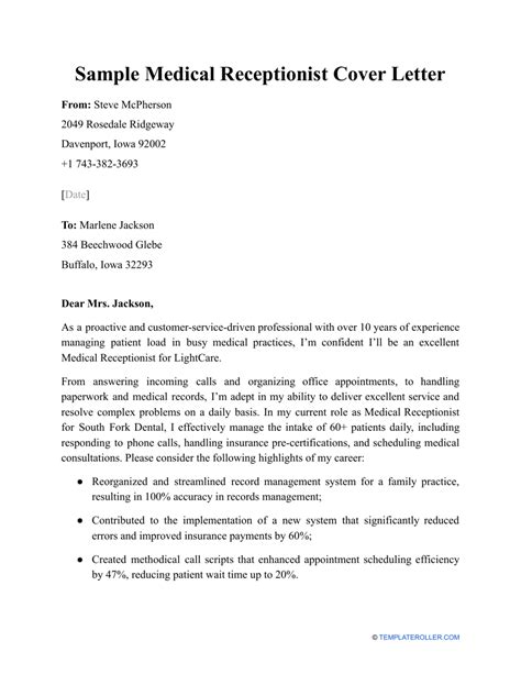 Sample Medical Receptionist Cover Letter Download Printable Pdf