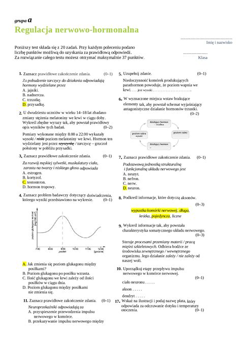 Sprawdzian Z Biologi Klasa Regulacja Nerwowo Hormonalna Margaret