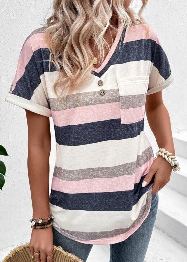 ROTITA Pocket Striped Multi Color V Neck T Shirt Rotita USD 32 98