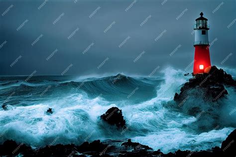 Premium Photo Huge Waves Crash Around Lighthouse After Storm Tidal