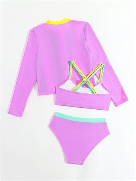 Tween Girl Colorblock Patchworkowy zestaw bikini na wakacje na plaży