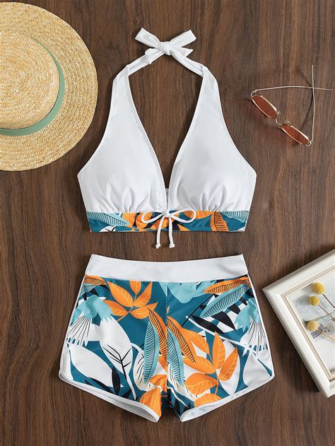 Shein Swim Vcay Plant Print Halter Shorts Bikini Swimsuit Shein Usa