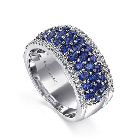 14k White Gold Diamond And Blue Sapphire Wide Band Ring Shop 14k White Gold Lusso Color Rings