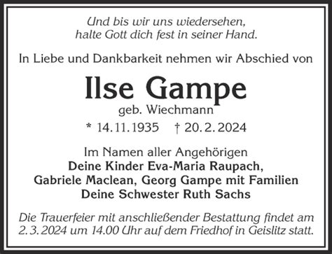 Traueranzeigen Von Ilse Gampe Trauer Gnz De