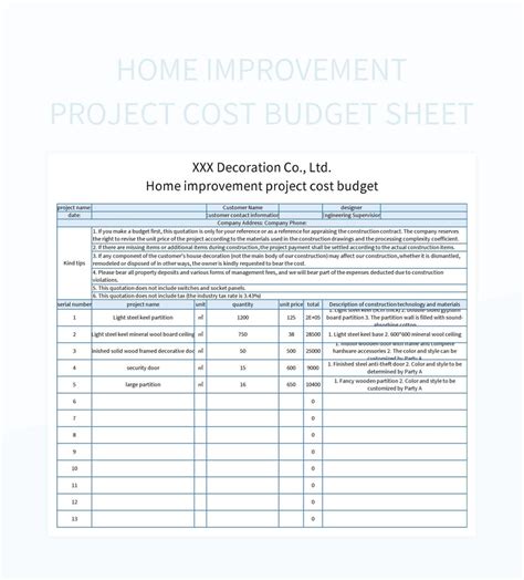 home improvement project cost budget sheet excel template  google
