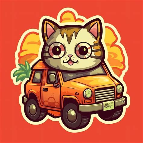 Lindo Gato De Dibujos Animados Conduciendo Un Coche Foto Premium