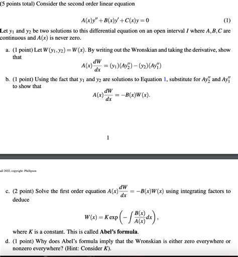 Solved 5 Points Total Consider The Second Order Linear