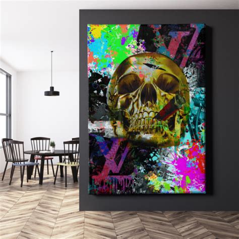 LEINWANDBILD ZIGARRE TOTENKOPF SKELETT LV WANDBILD KUNST DEKORATION