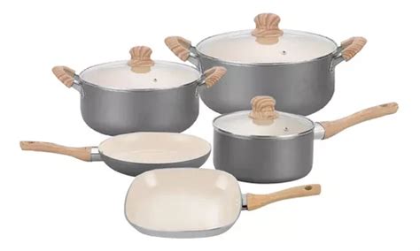 Set 5 Pz Cacerola Sarten Bifera Hudson Ceramica Crema