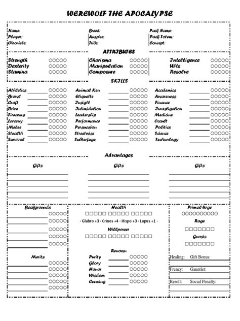 Werewolf The Apocalypse Character Sheet