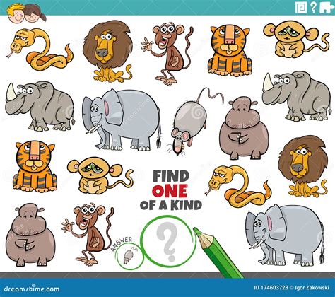 One Of A Kind Task For Children With Animals Stock Vector