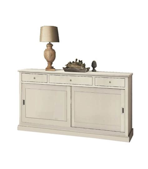 Credenza Due Ante Scorrevoli Tre Cassetti In Legno Laccato Bianco Opaco