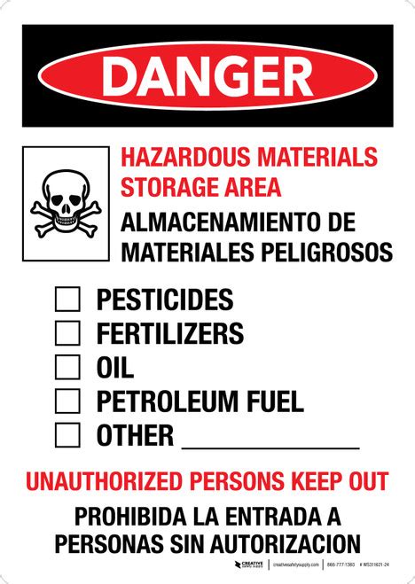 Danger Hazardous Materials Storage Area Portrait Wall Sign