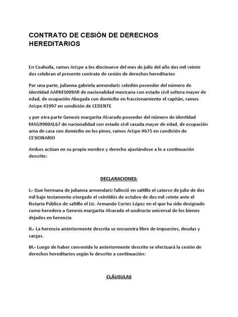 Cesión De Derechos Hereditarios Julianna Armendariz Pdf