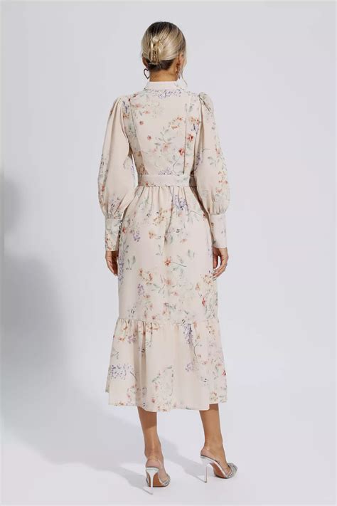 Katie Apricot Floral Long Sleeve Midi Dress