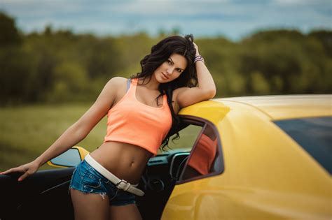 Wallpaper Model Long Hair Car Vehicle Women With Cars Jean Shorts Black Hair Yellow