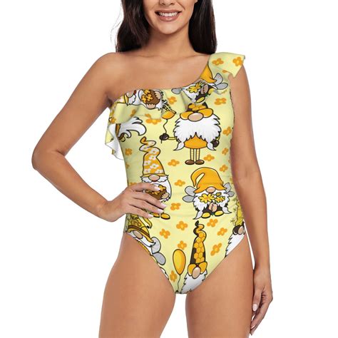 Easygdp Garden Honeybee Gnomes Womens One Shoulder Ruffle Monokini