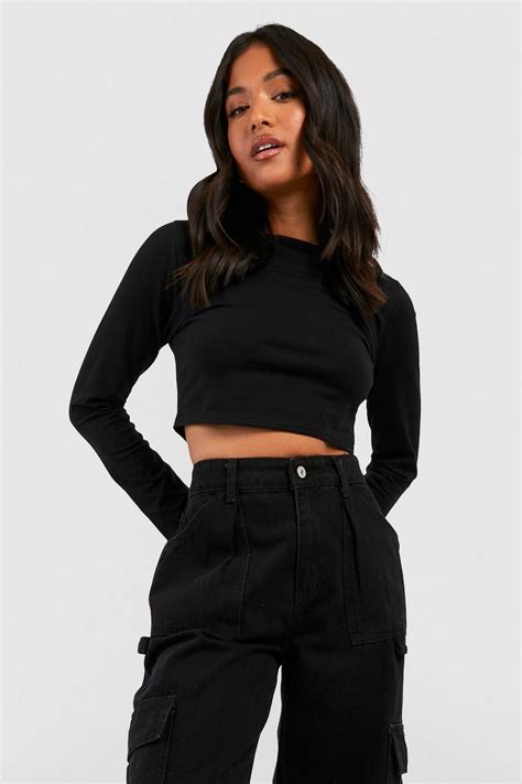 Black Petite Basic Cotton Long Sleeve Top Boohoo Uk