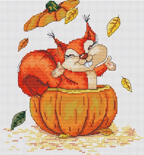 Squirrel With A Pumpkin Pdf Cross Stitch Pattern Wizardi Pumpkin