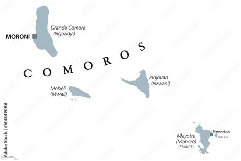 Comoros political map with capital Moroni and French island Mayotte ...