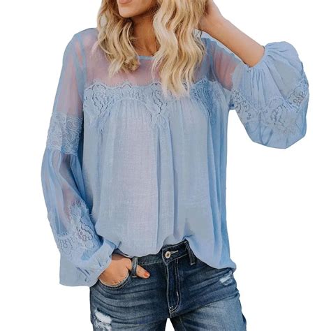 2018 Fashion Lace Sheer Long Lantern Sleeve Blouse Women Elegant Casual