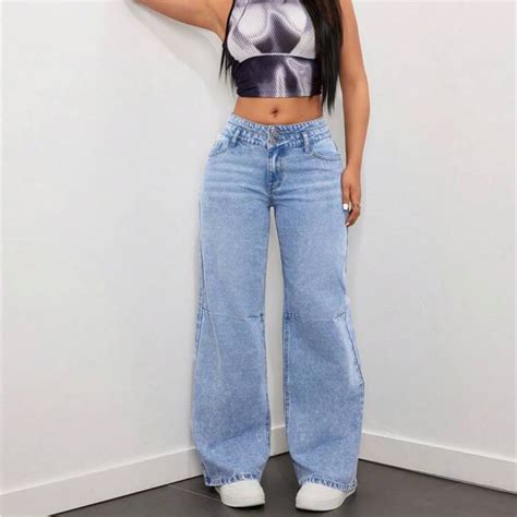 Women's High Waist Double Waistband Wide Leg Jeans, Washed in 2024 | Wide leg jeans, Women jeans ...