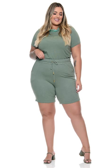 Conjunto Plus Size Moletinho Blusa E Bermuda Verde Vk Moda Plus Size