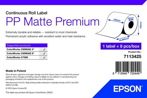 PP Matte Label Premium Continuous Roll 102mm X 55m Carte E Supporti