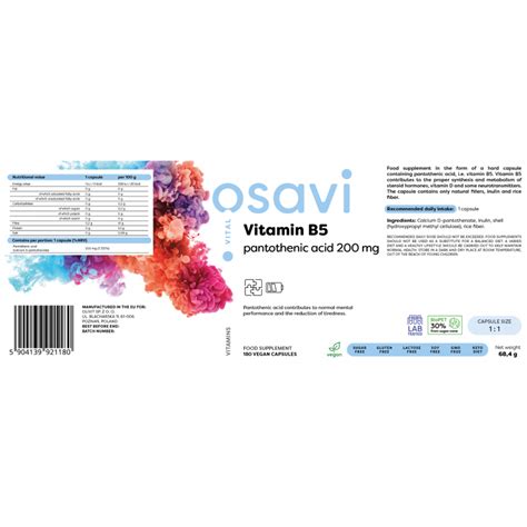 Osavi Vitamin B Pantothenic Acid Mg Vegan Capsules