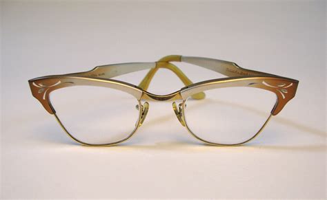 Vintage Cat Eye Aluminum Frame 12k Gf Glasses From Bausch And Lomb Copper And Silver With Leaf