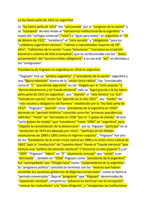 Presidencia de yrigoyen y golpe de estado de 1930 La ley Sáenz peña