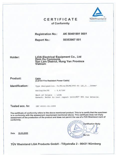 Certificate Of Conformity Iec 60331 Tuv Rheinland Pdf